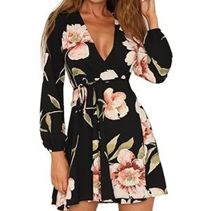 Long Sleeve Floral V neck Dress